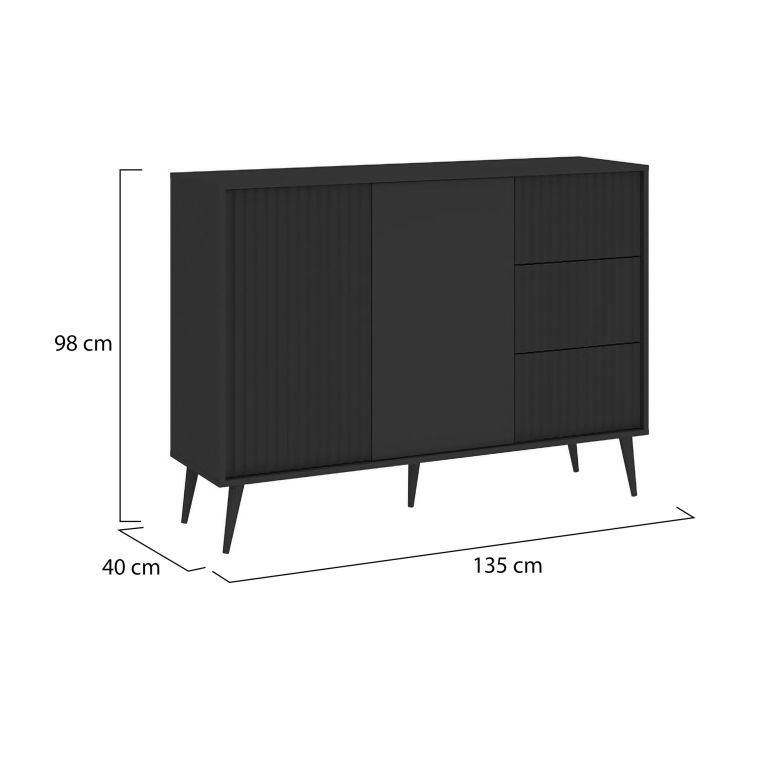 Credenza Nero Antracite un Ripiano 3 Cassetti 135x40x98h cm, 2 Ante - Lemosato