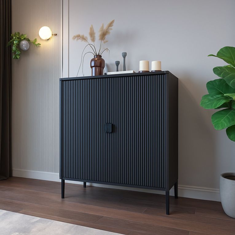 Credenza Nero Cassetti 4 Ripiani 104x40x129h cm, Apertura Battente - Wallis