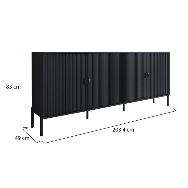 Credenza Nero Cassetti 4 Ripiani 203x49x83h cm, Apertura Battente - Viale