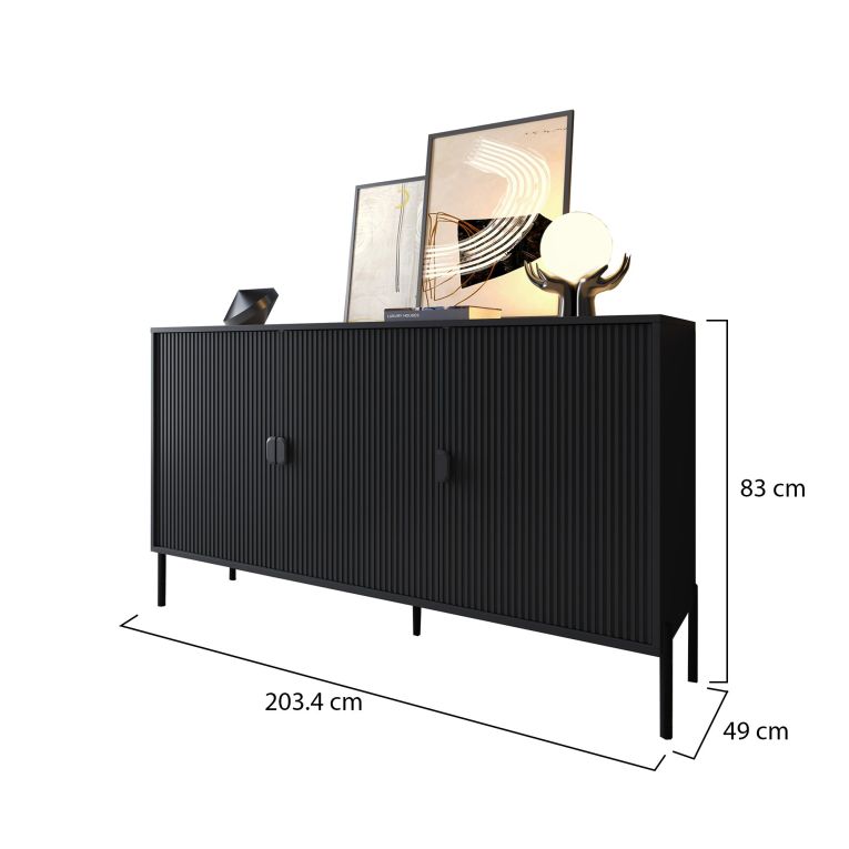 Credenza Nero Cassetti Ripiani 203x49x83h cm, Apertura Battente - Ostiglia