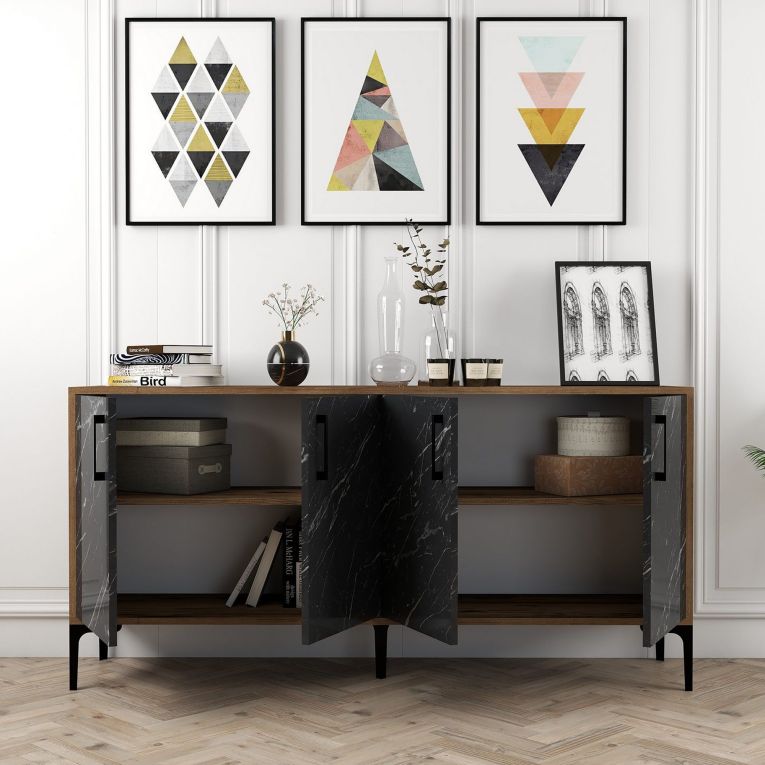 Credenza Nero Marmo Marrone Noce 2 Ripiani 4 Ante 160x35x78h cm, 4 Vani - Sinopoli