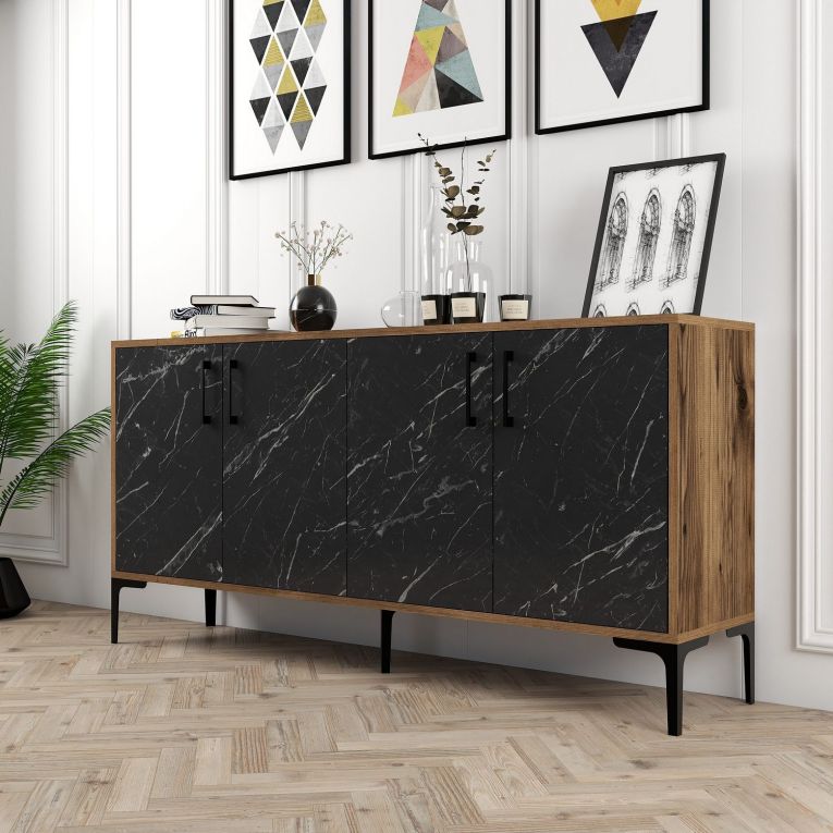 Credenza Nero Marmo Marrone Noce 2 Ripiani 4 Ante 160x35x78h cm, 4 Vani - Sinopoli