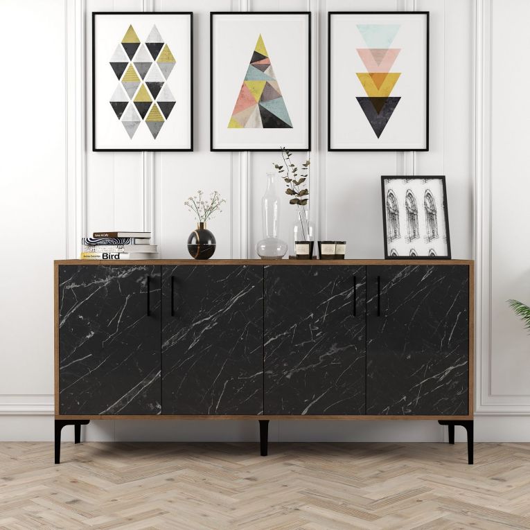 Credenza Nero Marmo Marrone Noce 2 Ripiani 4 Ante 160x35x78h cm, 4 Vani - Sinopoli