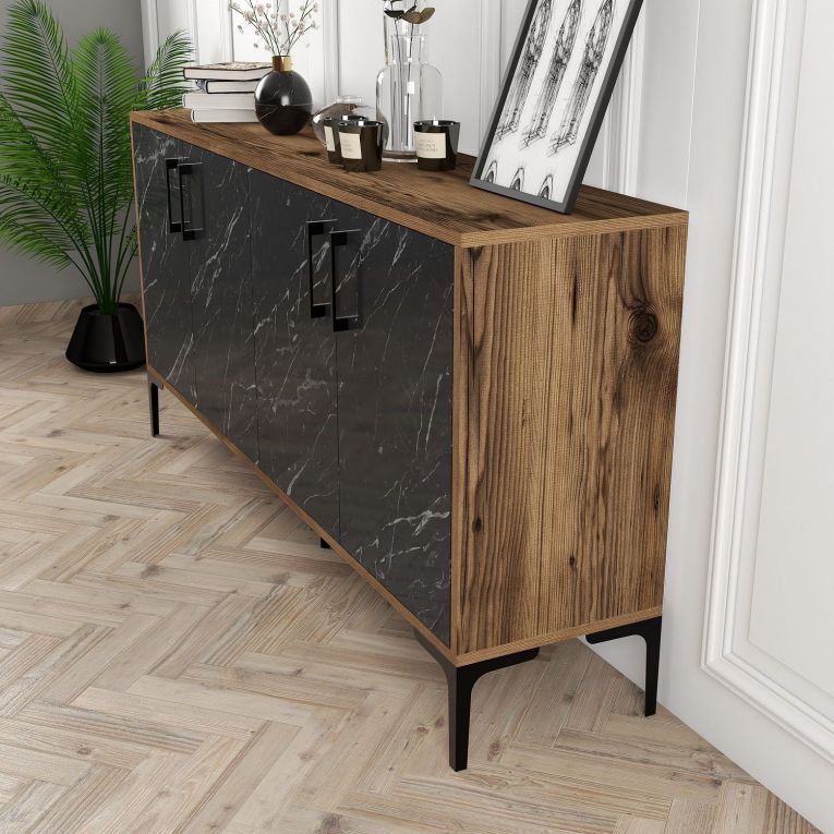 Credenza Nero Marmo Marrone Noce 2 Ripiani 4 Ante 160x35x78h cm, 4 Vani - Sinopoli