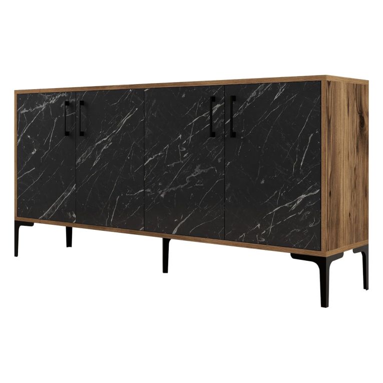 Credenza Nero Marmo Marrone Noce 2 Ripiani 4 Ante 160x35x78h cm, 4 Vani - Sinopoli