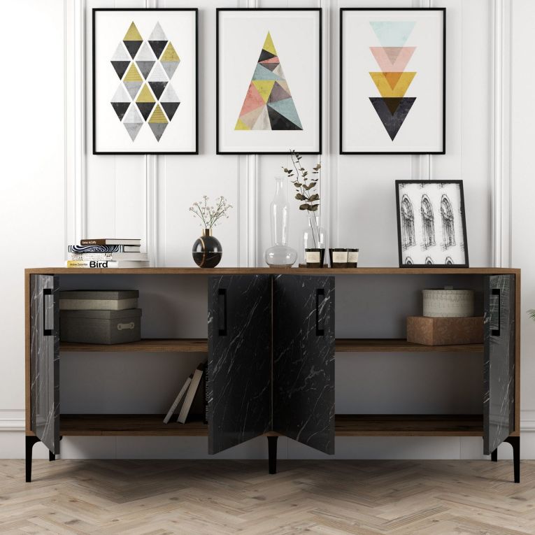 Credenza Nero Marmo Marrone Noce 2 Ripiani 4 Ante 180x35x78h cm, 4 Vani - Pollein