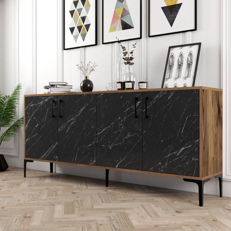 Credenza Nero Marmo Marrone Noce 2 Ripiani 4 Ante 180x35x78h cm, 4 Vani - Pollein