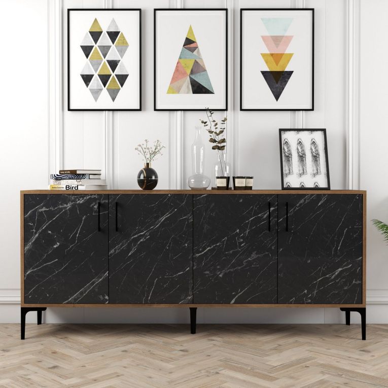 Credenza Nero Marmo Marrone Noce 2 Ripiani 4 Ante 180x35x78h cm, 4 Vani - Pollein