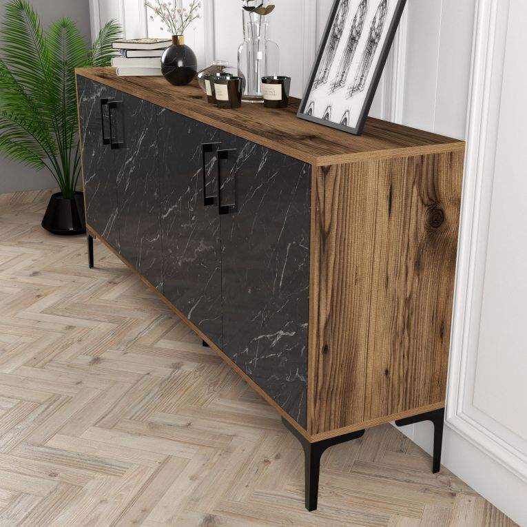 Credenza Nero Marmo Marrone Noce 2 Ripiani 4 Ante 180x35x78h cm, 4 Vani - Pollein