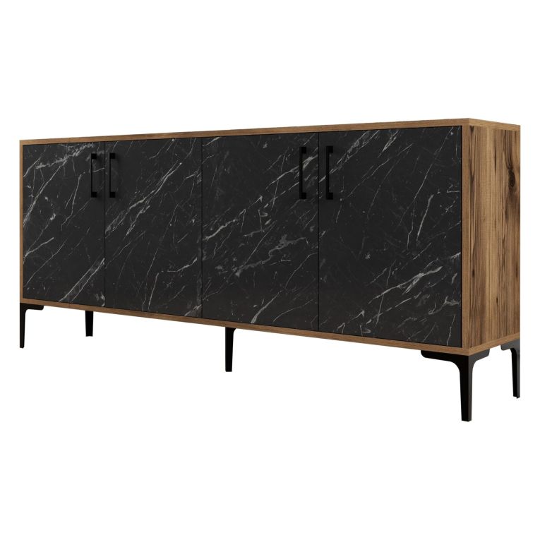 Credenza Nero Marmo Marrone Noce 2 Ripiani 4 Ante 180x35x78h cm, 4 Vani - Pollein