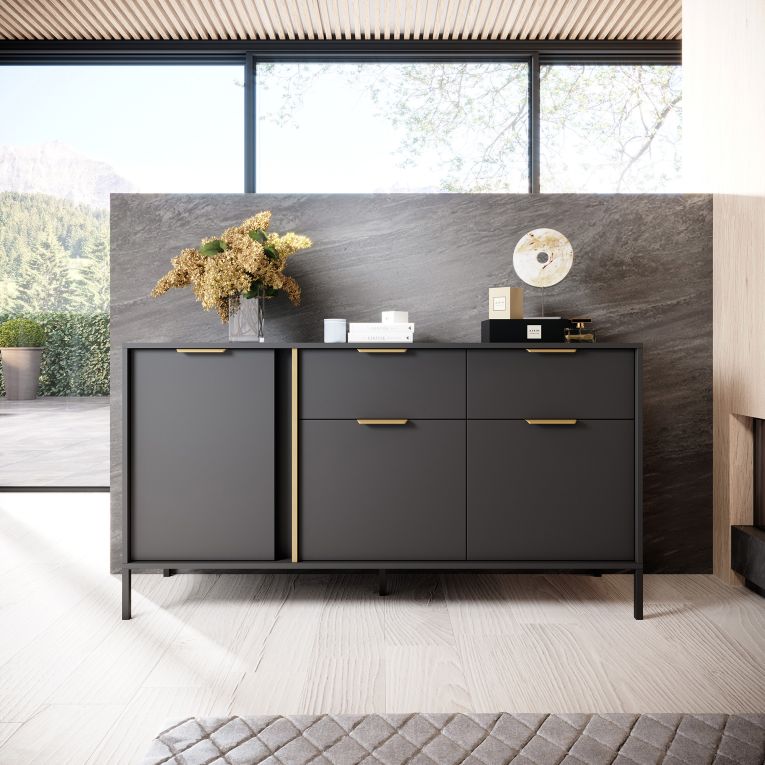 Credenza Nero oro 2 Cassetti 3 Ripiani 153x40x81h cm, Apertura Battente, Scorrevole - Hametesi