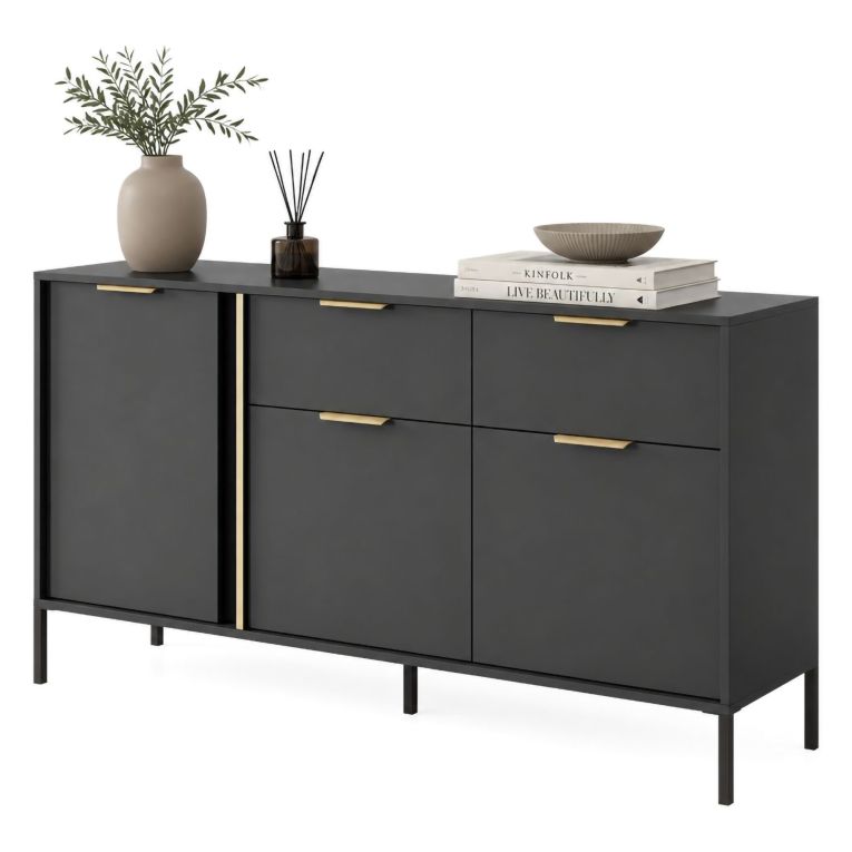Credenza Nero oro 2 Cassetti 3 Ripiani 153x40x81h cm, Apertura Battente, Scorrevole - Hametesi