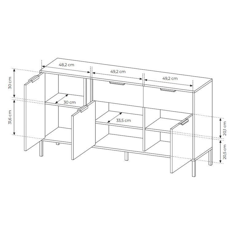 Credenza Nero oro 2 Cassetti 3 Ripiani 153x40x81h cm, Apertura Battente, Scorrevole - Hametesi