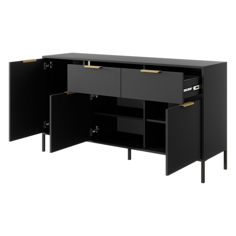Credenza Nero oro 2 Cassetti 3 Ripiani 153x40x81h cm, Apertura Battente, Scorrevole - Hametesi