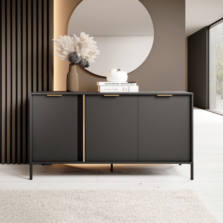 Credenza Nero oro 3 Ripiani Apertura Battente 153x40x81h cm, 3 Ante - Hamagami