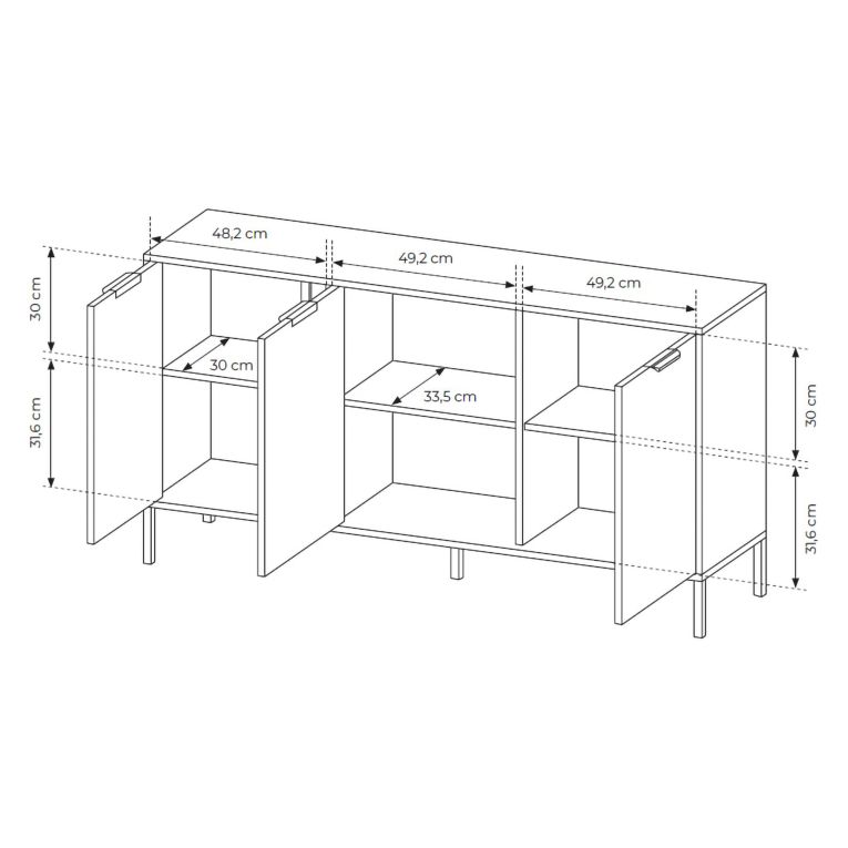 Credenza Nero oro 3 Ripiani Apertura Battente 153x40x81h cm, 3 Ante - Hamagami