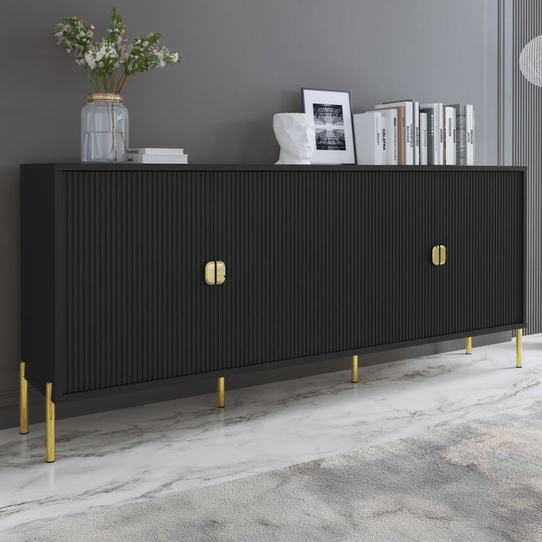 Credenza Nero oro Cassetti 4 Ripiani 203x49x83h cm, Apertura Battente - Viale