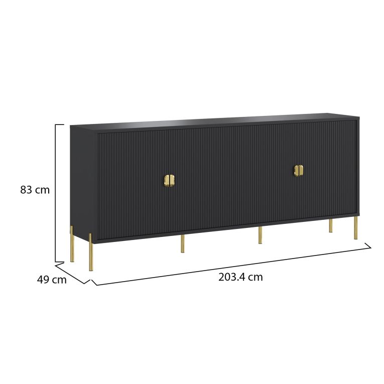 Credenza Nero oro Cassetti 4 Ripiani 203x49x83h cm, Apertura Battente - Viale