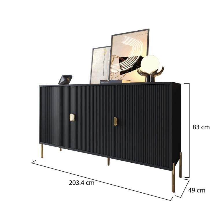 Credenza Nero oro Cassetti Ripiani 203x49x83h cm, Apertura Battente - Ostiglia