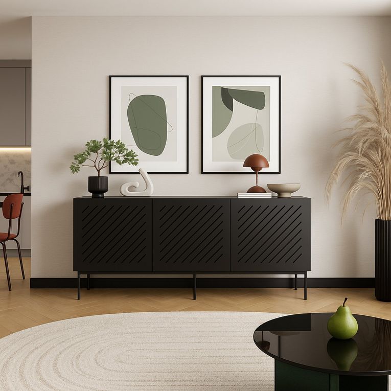 Credenza Nero un Ripiano 3 Vani 150.5x42x75h cm, 3 Ante - Stilo