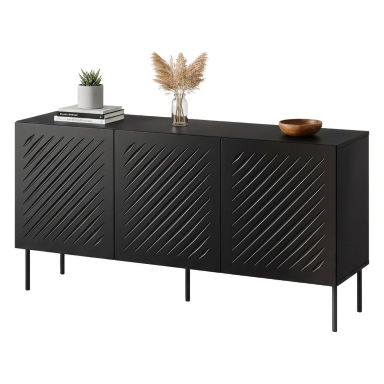 Credenza Nero un Ripiano 3 Vani 150.5x42x75h cm, 3 Ante - Stilo