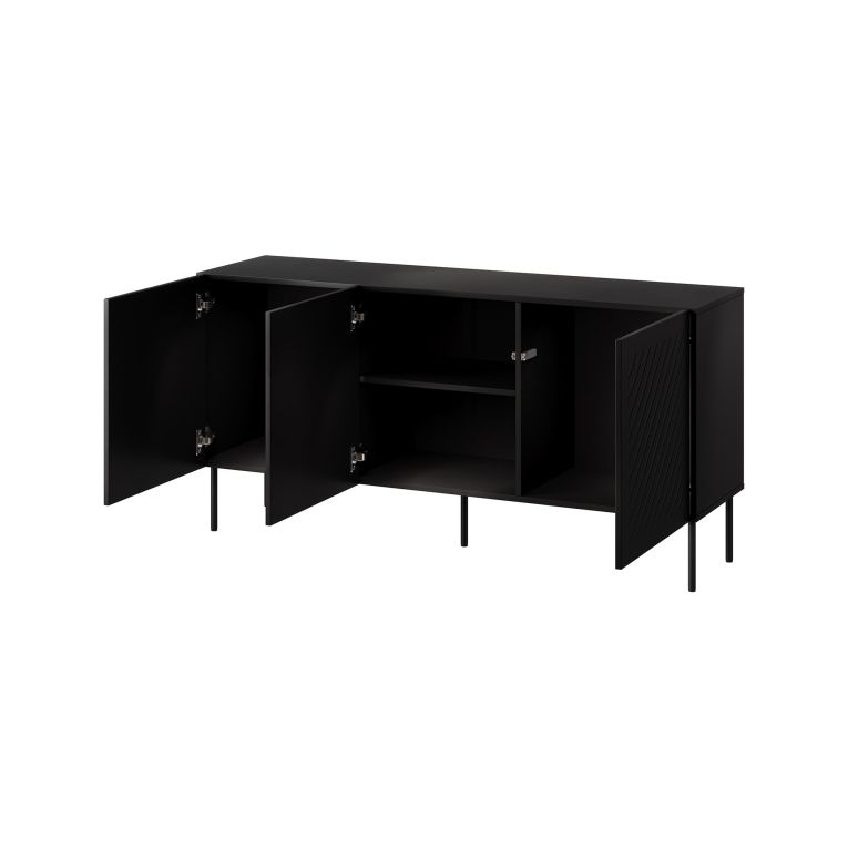 Credenza Nero un Ripiano 3 Vani 150.5x42x75h cm, 3 Ante - Stilo
