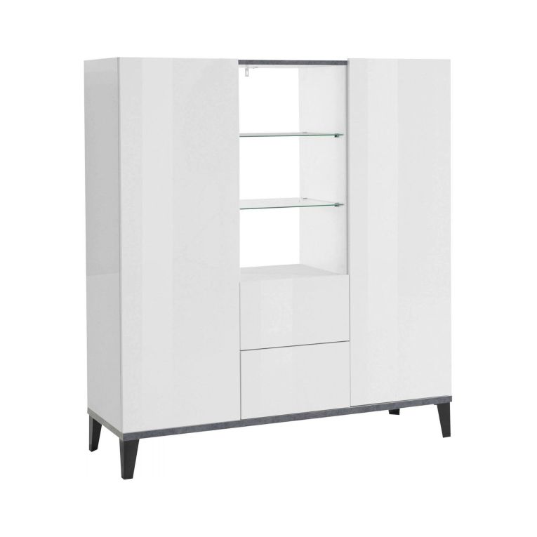 Credenza Niccolò, Madia da cucina a 2 ante e 2 cassetti, Buffet da soggiorno, 100% Made in Italy, cm 120x40h133, Bianco lucido e Ardesia