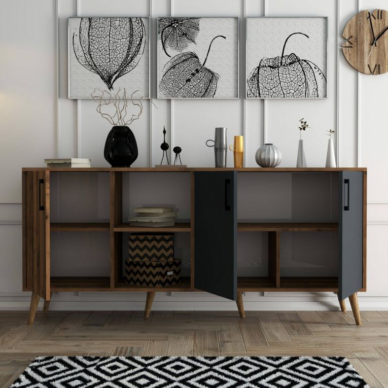 Credenza noce e antracite 180x45x80h cm 3 ante - Vardah