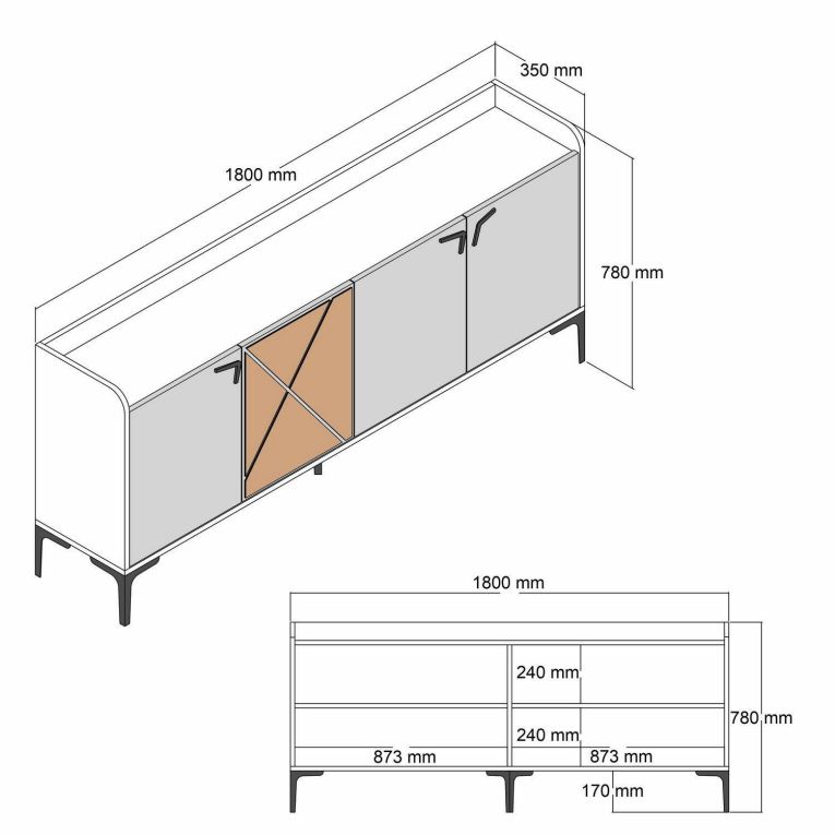 Credenza noce e nera 180x35x78h cm 3 ante - Fay