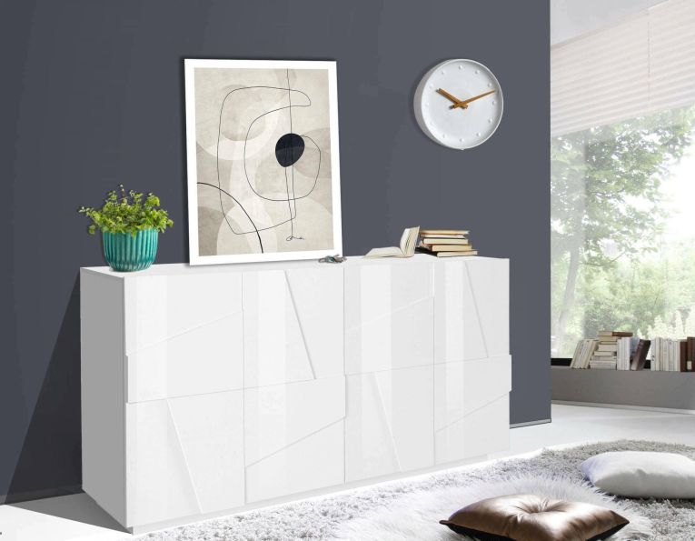 Credenza Noel, Madia da cucina a 4 ante, Buffet da soggiorno, 100% Made in Italy, cm 162x44h86, Bianco lucido