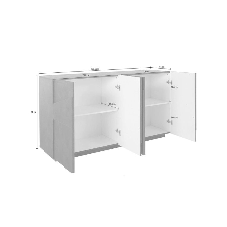 Credenza Noel, Madia da cucina a 4 ante, Buffet da soggiorno, 100% Made in Italy, cm 162x44h86, Bianco lucido