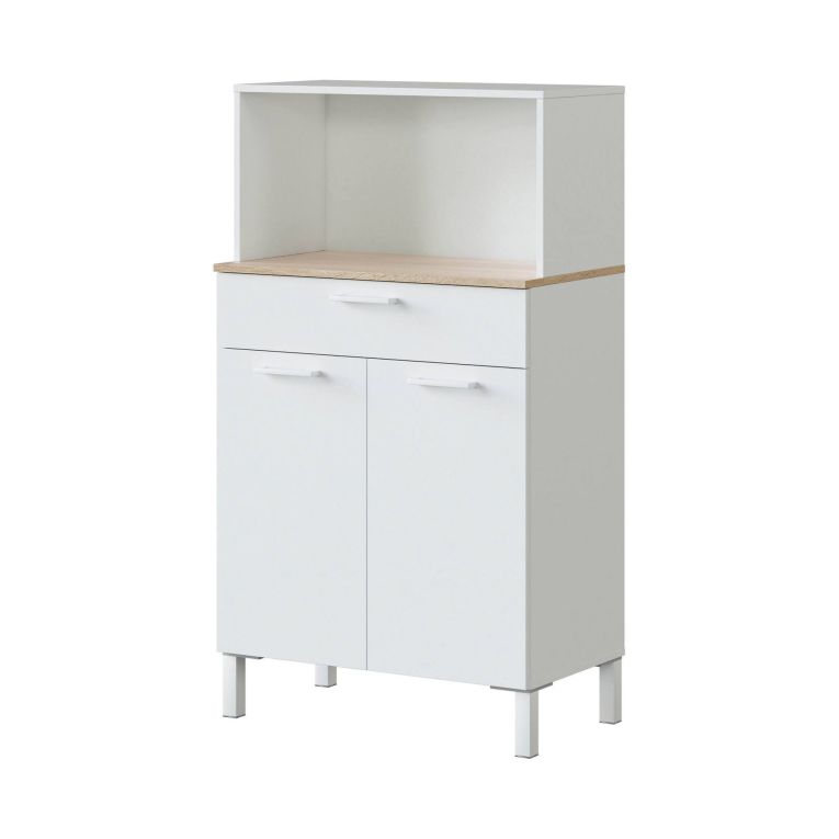 Credenza- Norman, Credenza da cucina a 2 ante, Mobile ausiliario multiuso, Armadio moderno, 72x40h126 cm, Bianco e Rovere