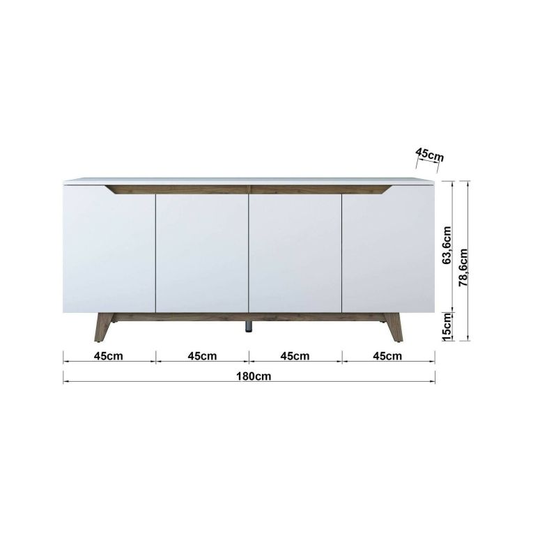 Credenza Nusakan, Buffet da soggiorno, Madia da salotto, Dispensa moderna da cucina, 180x45h79 cm, Bianco e Noce