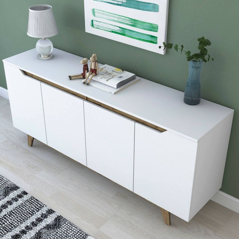 Credenza Nusakan, Buffet da soggiorno, Madia da salotto, Dispensa moderna da cucina, 180x45h79 cm, Bianco e Noce