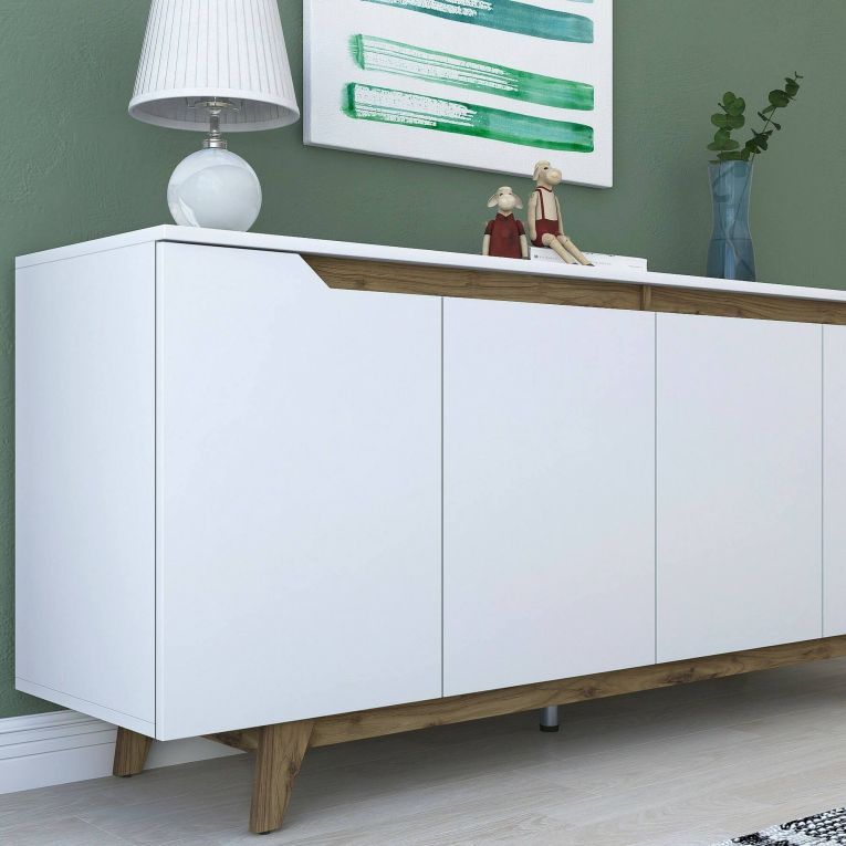 Credenza Nusakan, Buffet da soggiorno, Madia da salotto, Dispensa moderna da cucina, 180x45h79 cm, Bianco e Noce