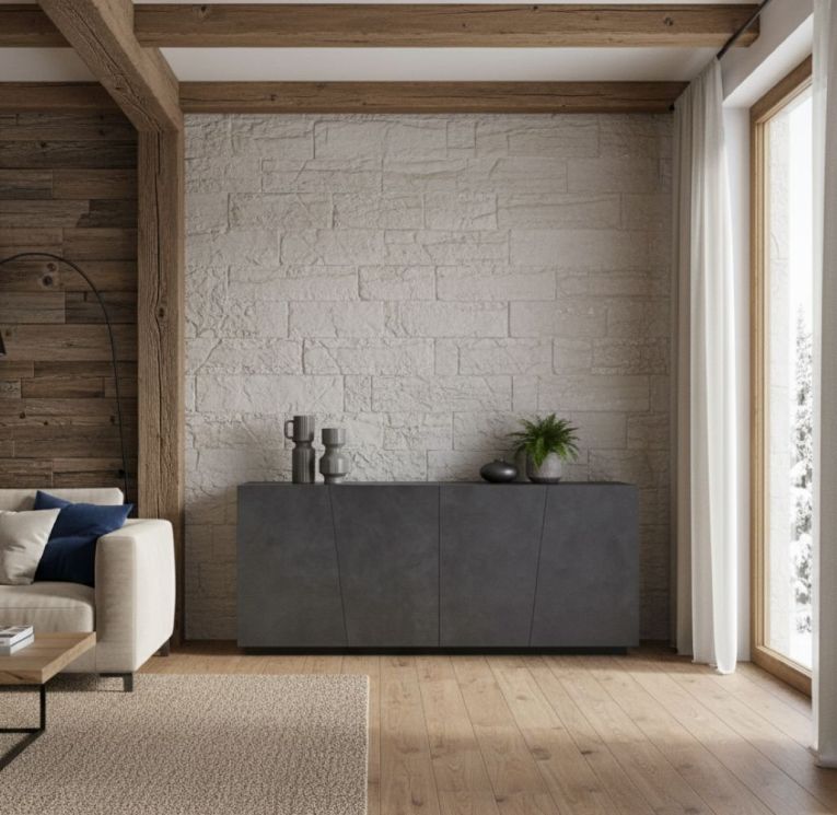 Credenza Oscar, Madia da cucina a 4 ante, Buffet da soggiorno, 100% Made in Italy, cm 200x43h86, Ardesia