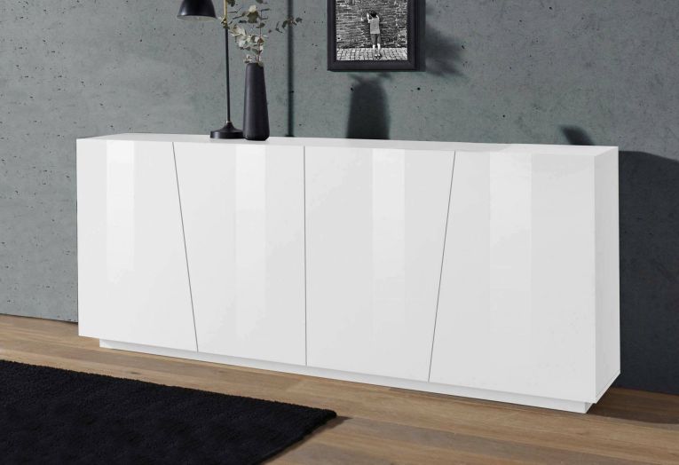 Credenza Oscar, Madia da cucina a 4 ante, Buffet da soggiorno, 100% Made in Italy, cm 200x43h86, Bianco lucido