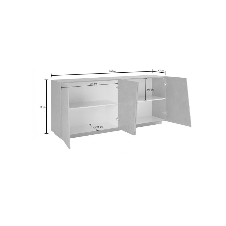 Credenza Oscar, Madia da cucina a 4 ante, Buffet da soggiorno, 100% Made in Italy, cm 200x43h86, Bianco lucido