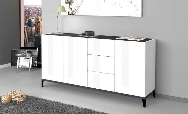 Credenza Paolo, Madia da cucina 3 ante e 3 cassetti, Buffet da soggiorno, 100% Made in Italy, cm 160x40h82, Bianco lucido e Ardesia