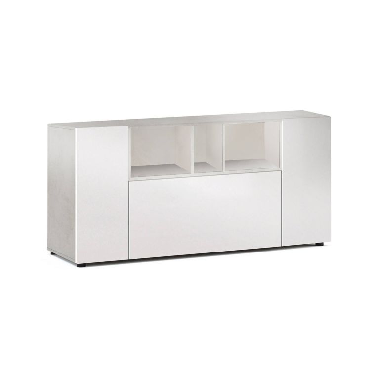 Credenza Paterson, Madia moderna a 3 ante, Buffet da soggiorno con scomparti, Madia da salotto, Mobile Porta TV, 150x41h76 cm, Bianco e Cemento