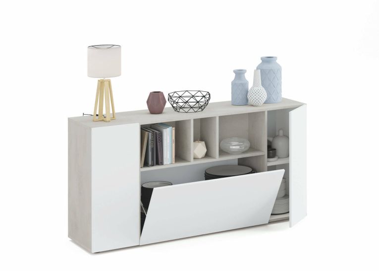 Credenza Paterson, Madia moderna a 3 ante, Buffet da soggiorno con scomparti, Madia da salotto, Mobile Porta TV, 150x41h76 cm, Bianco e Cemento