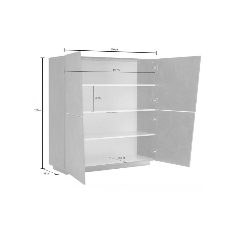 Credenza Pavel, Madia da cucina a 4 ante, Buffet da soggiorno, 100% Made in Italy, cm 120x43h126, Bianco lucido