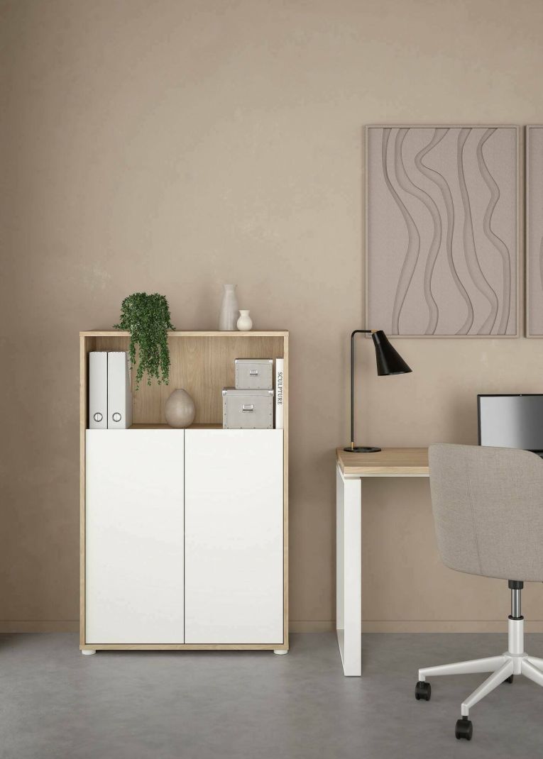 Credenza Perrine, Buffet da soggiorno con ante, Madia da salotto, Credenza moderna, 80x34 h124 cm, Rovere e Bianco
