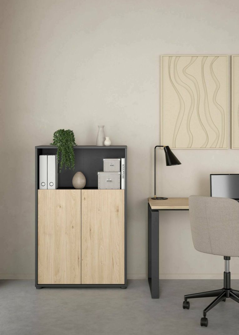 Credenza Perrine, Buffet da soggiorno con ante, Madia da salotto, Credenza moderna, 80x34 h124 cm, Rovere e Grigio