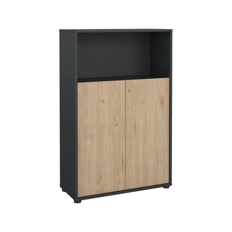 Credenza Perrine, Buffet da soggiorno con ante, Madia da salotto, Credenza moderna, 80x34 h124 cm, Rovere e Grigio