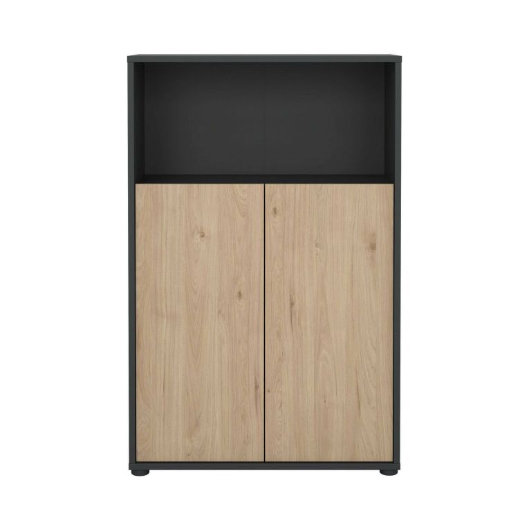 Credenza Perrine, Buffet da soggiorno con ante, Madia da salotto, Credenza moderna, 80x34 h124 cm, Rovere e Grigio
