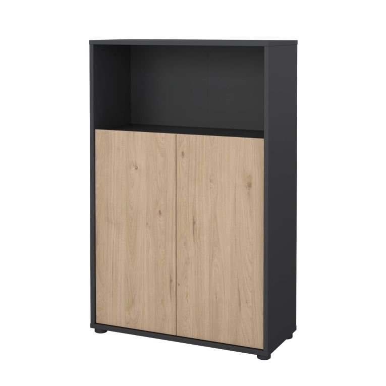 Credenza Perrine, Buffet da soggiorno con ante, Madia da salotto, Credenza moderna, 80x34 h124 cm, Rovere e Grigio