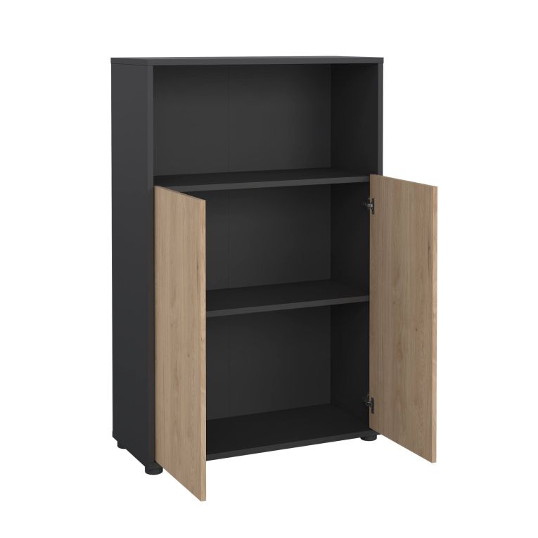 Credenza Perrine, Buffet da soggiorno con ante, Madia da salotto, Credenza moderna, 80x34 h124 cm, Rovere e Grigio