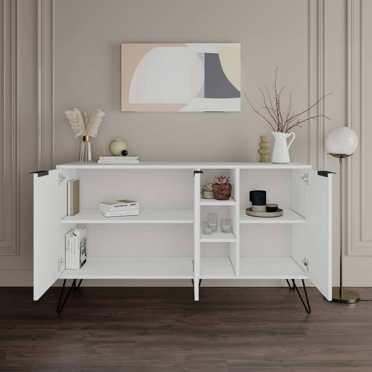 Credenza Perseus, Buffet da soggiorno, Madia da salotto, Dispensa moderna da cucina, 142x36h83 cm, Bianco