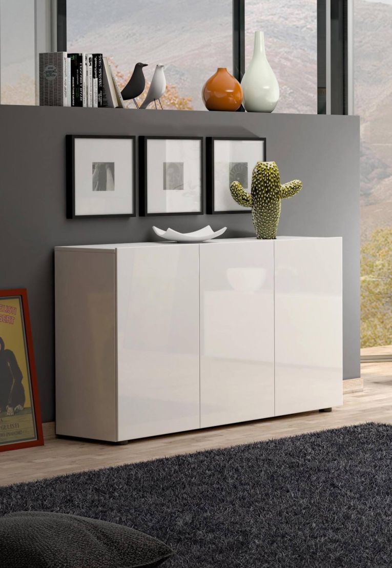 Credenza Polokwane, Buffet da soggiorno, Madia da salotto, Dispensa da cucina, Made in Italy, 135x38h79 cm, Bianco lucido